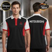 Mitsubishi polo: black, white, red accents, logo, 
