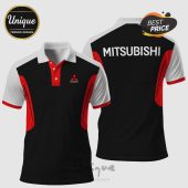 Mitsubishi polo shirt: black, red, white design. 'Mitsubishi' text. Automotive fan apparel!