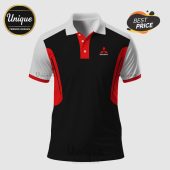 Mitsubishi Polo Shirt: Black, Red, White color block. 'Mitsubishi' logo. Automotive gear!