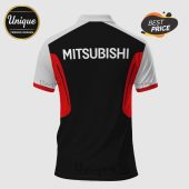 Black polo shirt featuring white 'MITSUBISHI' text and red/white accents!