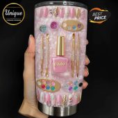 Tumbler: Pink, gold nail art tools. 'Chloe' text. Luxe design!