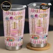 Pink tumbler: nail polish, manicure tools, gems, 'Evelyn', 'Olivia'.!