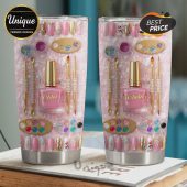 Pink tumbler with nail art design! Features nail polish, tools, & custom name: Chloe, Olivia!