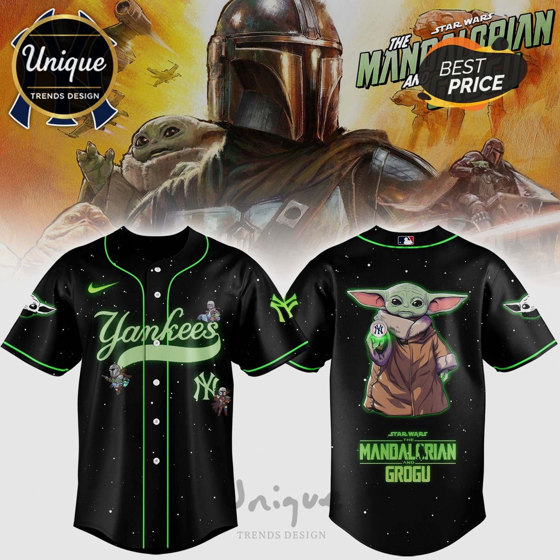 NY Yankees Star Wars Mandalorian Grogu Limited Edition Baseball Jersey NY Yankees Star Wars Mandalorian Grogu Limited Edition Baseball Jersey