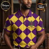 Purple and gold diamond pattern polo shirt, Omega Psi Phi Greek letters, Bro. C. Davidson, knight logo!