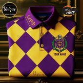 Omega Psi Phi polo shirt: purple and gold diamond pattern, Greek letters, crest, 'YOUR NAME' text!