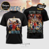 Black One Piece live-action tee, vintage graphic Straw Hat crew, 'ONE PIECE' text! Back character collage, 'INTO THE GRAND LINE' text!