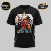 Black t-shirt with vibrant One Piece live-action cast graphic, Straw Hat Jolly Roger sail, and 