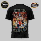 Black graphic tee with vibrant One Piece anime character collage! Gold blue text reads INTO THE GRAND LINE featuring skull and anchor icons!