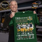 Dark green Packers tribute tee with player graphics, Super Bowl trophies, and text: THE PACKERS, 4-TIME SUPER BOWL CHAMPIONS!