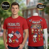 Red t-shirt featuring Peanuts characters with USA flag, celebrating USA 250th anniversary!