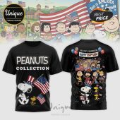 Black t-shirt featuring Peanuts characters and American flags for the USA 250th celebration.!