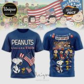 Blue t-shirt featuring Peanuts characters with USA flags for the 250th USA celebration.!
