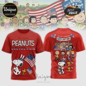 Red shirt featuring the Peanuts gang with American flags, celebrating the USA 250th!