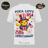 White tee: Pika Love USA with cartoon Pikachu in red, white & blue, plus 
