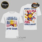 White tees! Pikachu! USA flag! Spark of Freedom, Pika Love, 250th Anniversary, 1776-2026 text! Patriotic cartoon design!