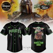 Black baseball jersey with green trim featuring Star Wars Mandalorian Grogu and Pirates text!