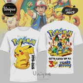 White tees with Pokemon: Pikachu & Ash Ketchum graphic. Text: Pokemon, Gotta Catch 'Em All, 30 Years Strong, 1996-2026!