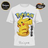 White tee with Pikachu, Pokemon logo, and '1996-2026' text in blue and yellow cartoon style!