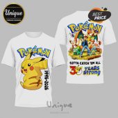 White tees: Pokemon graphic print, cartoon style. Text: Pokemon, Gotta Catch 'em All, 30 Years Strong, 1996-2026!