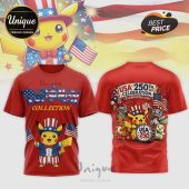 Red patriotic Pokémon tee, front 'Pokémon COLLECTION' Pikachu with flags! Back 'USA 250TH CELEBRATION' featuring Pikachu, Squirtle, Charmander, Bulbasaur, Jigglypuff, Eevee!