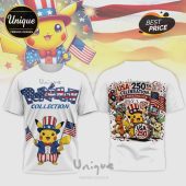 White patriotic Pokémon t-shirt with Uncle Sam Pikachu holding US flags, text 