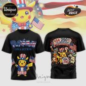 Black Pokemon 250th USA Celebration tee! Front: 'PocEMON COLLECTION', Uncle Sam Pikachu with flags! Back: Pikachu, friends, fireworks!