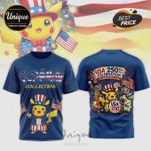 Blue patriotic Pokémon tee, US flag 'Pokémon COLLECTION' text, Uncle Sam Pikachu, 'USA 250TH CELEBRATION' back with multiple Pokémon!