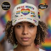 White hat: PRIDE MONTH, LOVE WINS, LOVE IS LOVE, rainbow heart, 2026. Distressed style!