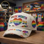 White Pride hat. Text: PRIDE MONTH, 20 LOVE WINS 26, LOVE IS LOVE. Rainbow heart graphic, distressed style!