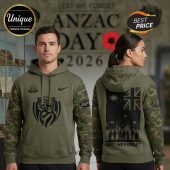 Olive green hoodies with ANZAC Day 2026 designs, featuring tiger, Australian flag, soldiers, and 'Lest We Forget' text.!