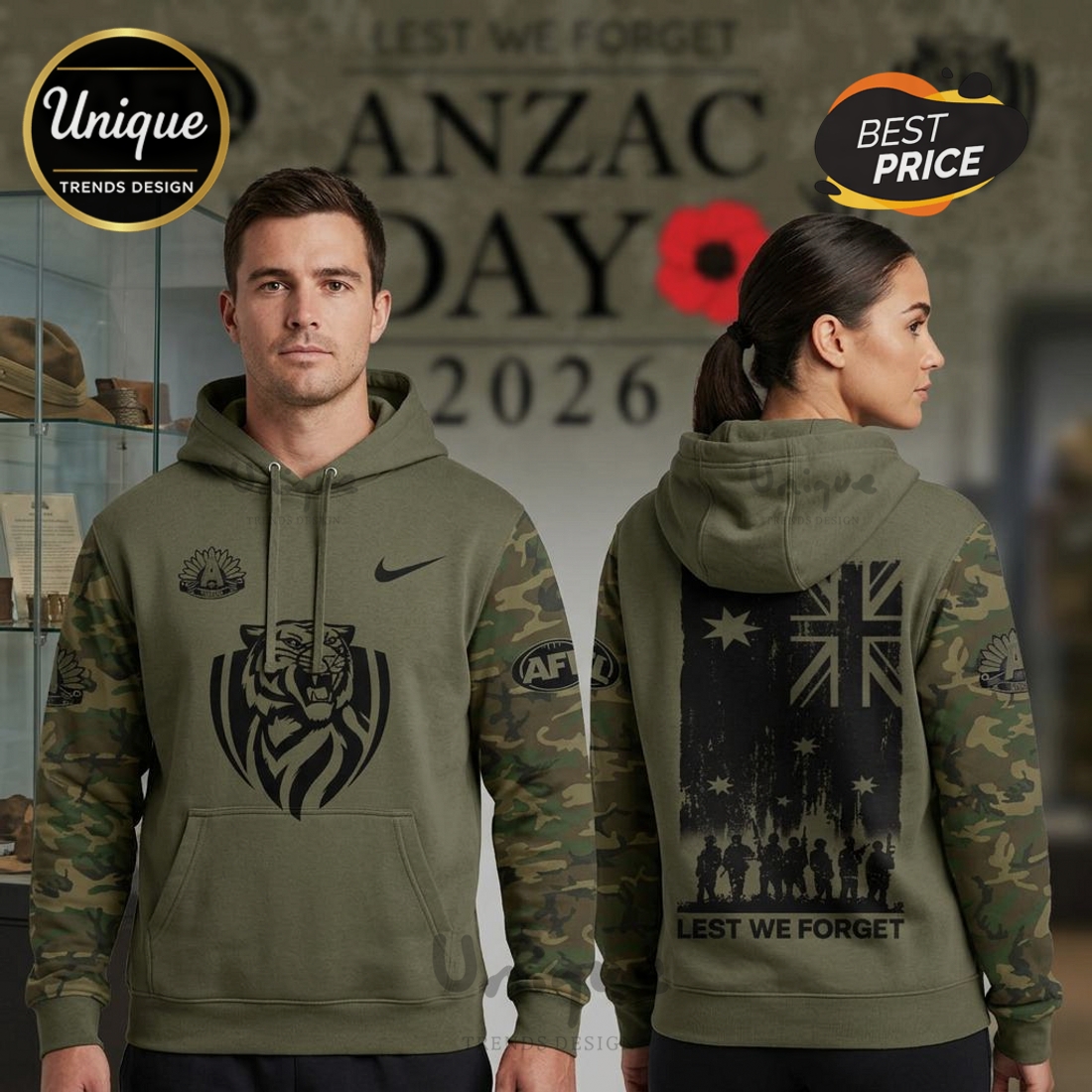 Richmond Tigers ANZAC Day 2026 Camo Sleeve Limited Edition Hoodie Richmond Tigers ANZAC Day 2026 Camo Sleeve Limited Edition Hoodie