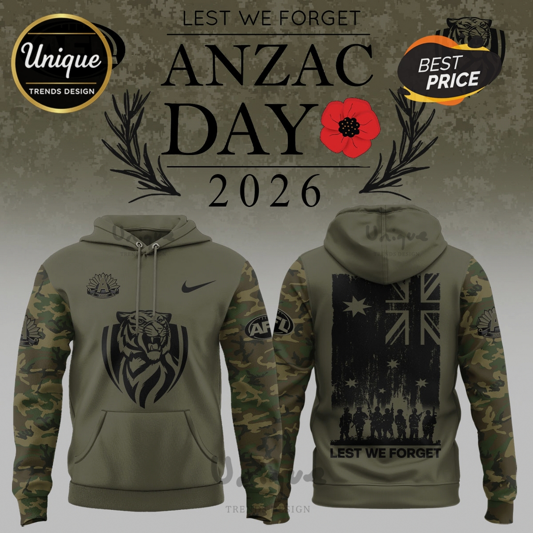 Richmond Tigers ANZAC Day 2026 Camo Sleeve Limited Edition Hoodie Richmond Tigers ANZAC Day 2026 Camo Sleeve Limited Edition Hoodie