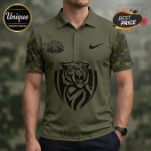 Olive polo shirt with Nike logo, ANZAC badge, tiger graphic, and camo sleeves.!
