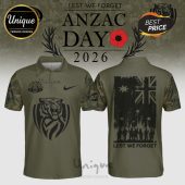 Olive green polo shirt with Anzac Day 2026 graphic featuring a tiger and the Australian flag.!