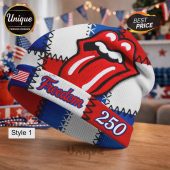 Beanie with tongue logo, American flag, and 'Freedom 250' text.!