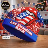 Beanie with American flag lips, fireworks, and the text 