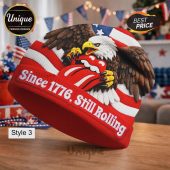 American flag beanie with eagle, Rolling Stones tongue, and text: Since 1776, Still Rolling.!