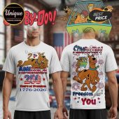 White tee shows Scooby Doo, red/blue USA theme! Text: 'America 250 Years of Freedom 1776-2026' & 'Freedom for You'!