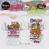 White tees with Scooby-Doo, USA flag design. Texts: Scooby-Doo, America 250, Years of Freedom 1776-2026, Freedom for You!