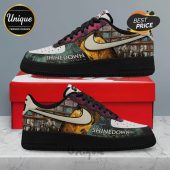 Custom Shinedown sneakers: white, black sole, album art. 'Shinedown Dance Kid Dance Act II' text!