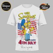 White t-shirt featuring The Simpsons family, USA flag, fireworks, text 