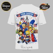 White patriotic cartoon tee with Simpsons characters dressed in colonial outfits, Independence Hall, flags, confetti. Text: USA 250TH!