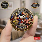 Coin shows Snoopy dressed in patriotic gear! Text: 250th Anniversary of the United States, 1776-2026!