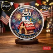 Coin features Snoopy, Woodstock, fireworks, 'Happy 250th Birthday, USA!', and the number 250! Patriotic gift!