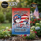 Patriotic Snoopy garden flag, red white blue hearts, fireworks. Text: HOME SWEET HOME YOUR FAMILY July 4 1776-2025 250th!