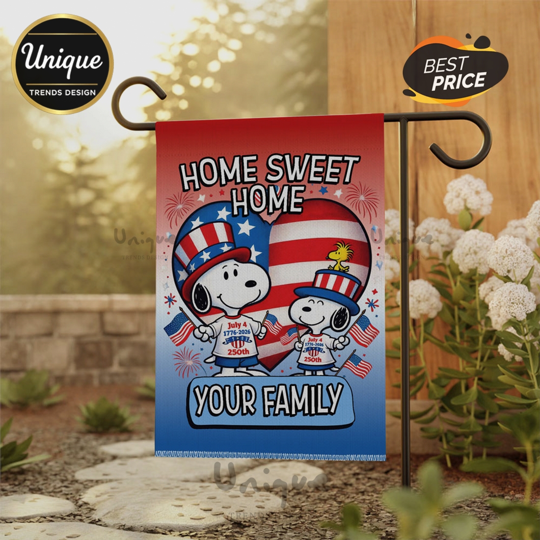Snoopy 4th of July 250th Anniversary Home Sweet Home Garden Flag Snoopy 4th of July 250th Anniversary Home Sweet Home Garden Flag