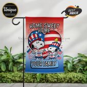 Red white blue patriotic garden flag! Snoopy Woodstock July 4 1776-2026 250th design! HOME SWEET HOME YOUR FAMILY text!
