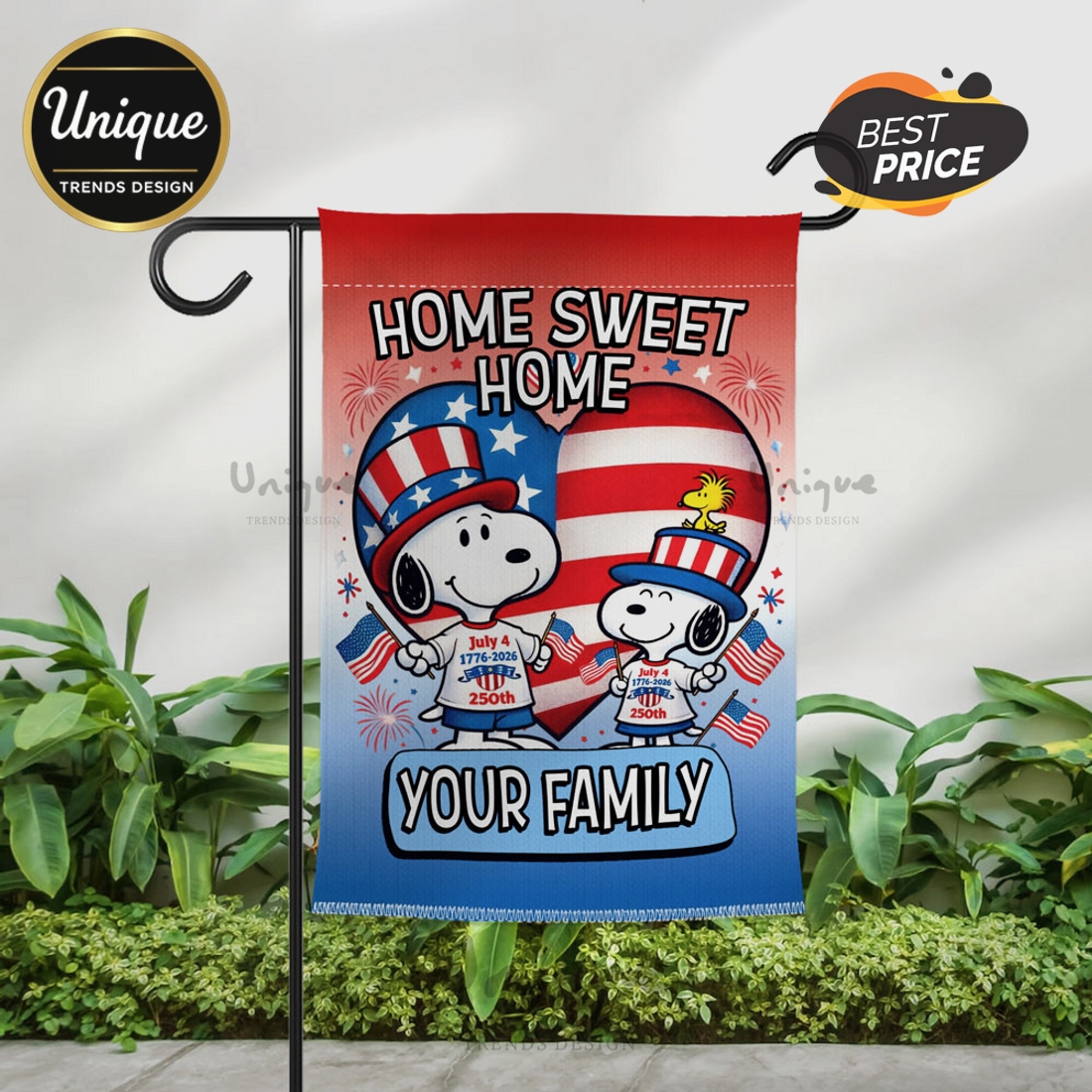 Snoopy 4th of July 250th Anniversary Home Sweet Home Garden Flag Snoopy 4th of July 250th Anniversary Home Sweet Home Garden Flag