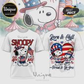 White tees with Snoopy, Woodstock wearing red, white, & blue hats! Text: Snoopy, Happy 4th July, Born to Chill, Proud to be Free!